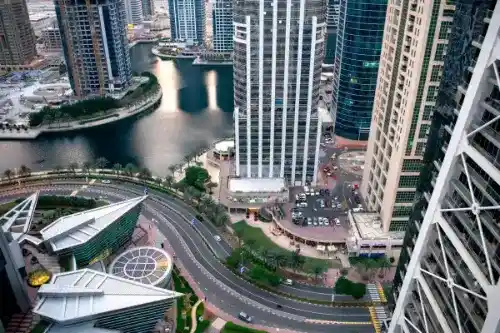 Aerial view of JLT Dubai showing skyscrapers and surrounding roads
